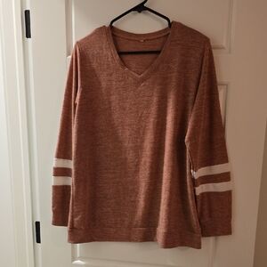 V-Neck Pink Sweater with White Stripes